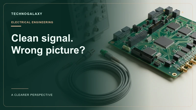 Graphic editorial cover: Clean signal. Wrong picture?. Oscilloscope, ADC board and probe cables
