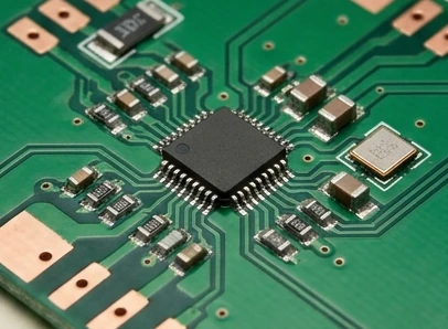 Close-up of a converter chip and circuit components