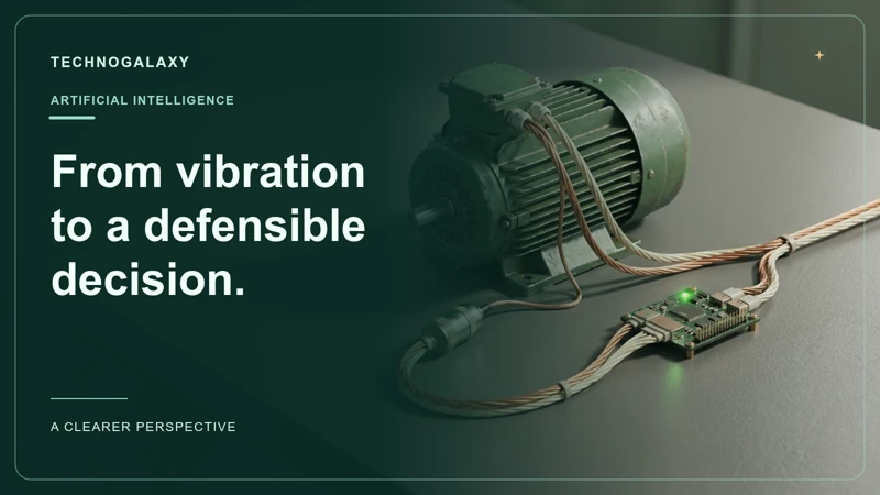 Graphic editorial cover: From vibration. to a defensible. decision.. Industrial electric motor, sensor and data acquisition board on a laboratory bench