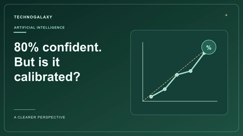 Graphic editorial cover: 80% confident. But is it. calibrated?. Conceptual topic-specific illustration.