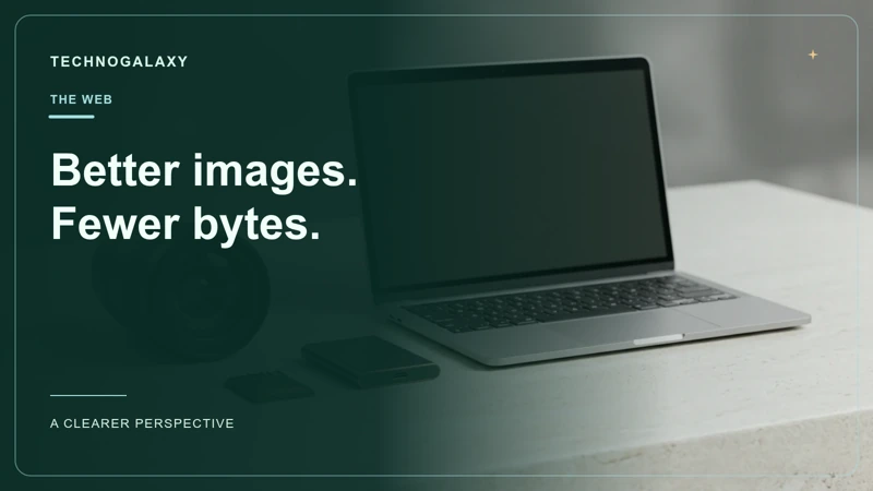 Graphic editorial cover: Better images. Fewer bytes.. Camera lens and memory card beside a laptop