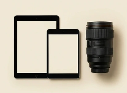 Two tablets beside a camera lens