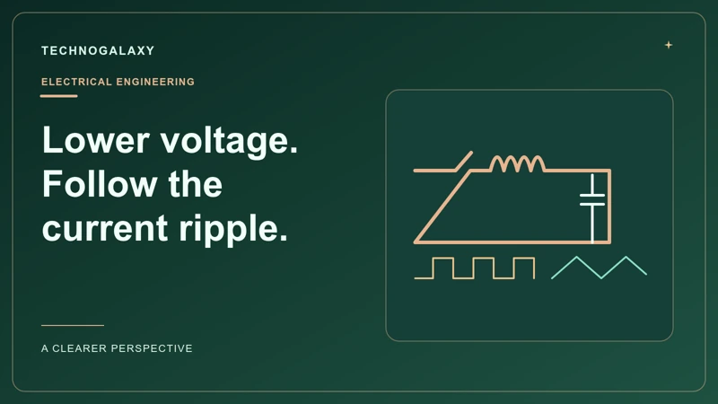 Graphic editorial cover: Lower voltage. Follow the. current ripple.. Conceptual topic-specific illustration.