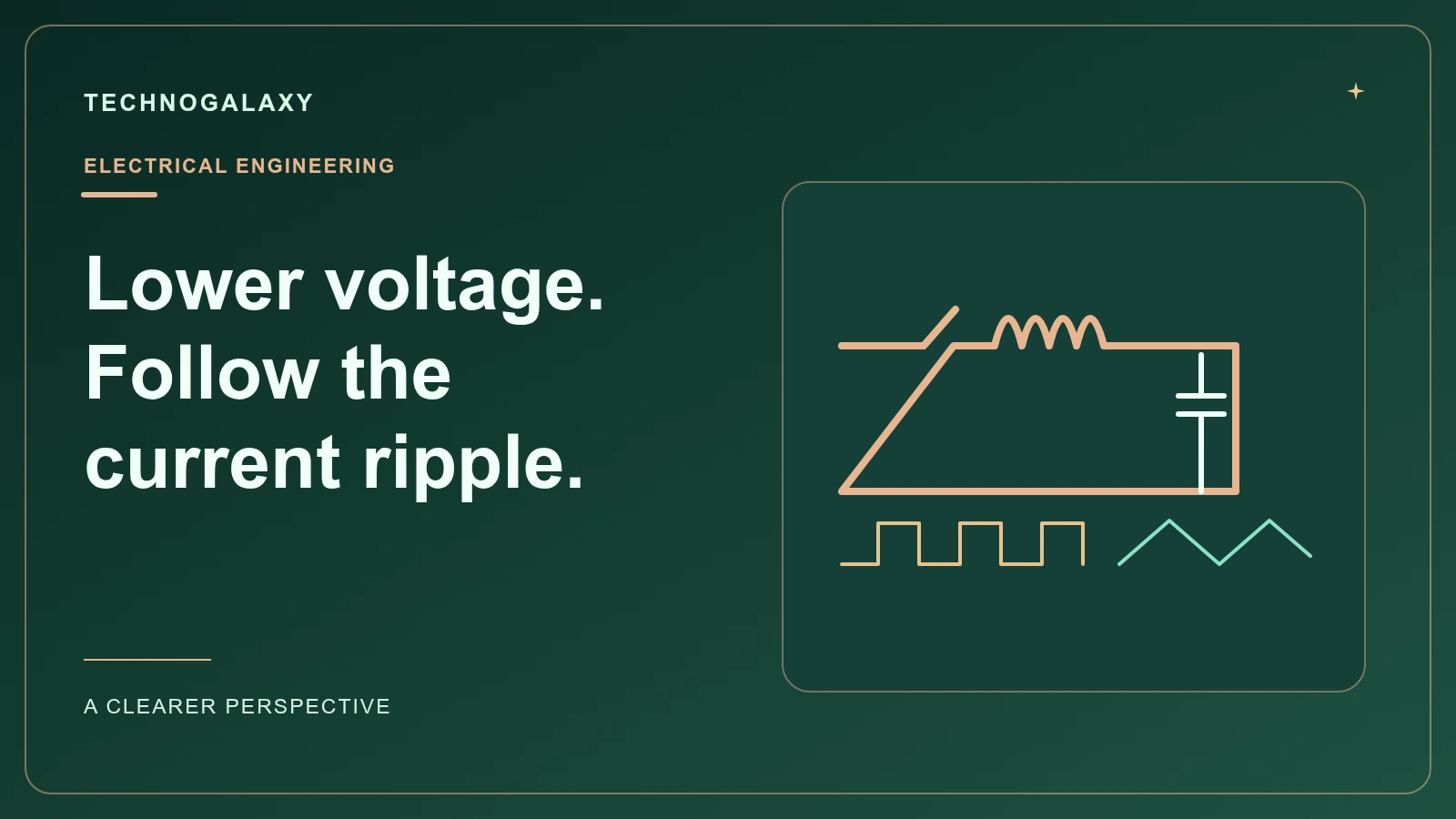 Graphic editorial cover: Lower voltage. Follow the. current ripple.. Conceptual topic-specific illustration.