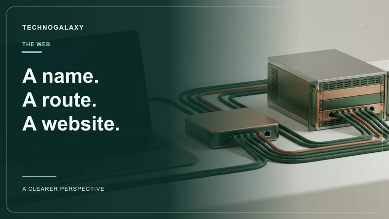 Graphic editorial cover: A name. A route. A website.. Laptop, router and server linked by network cables