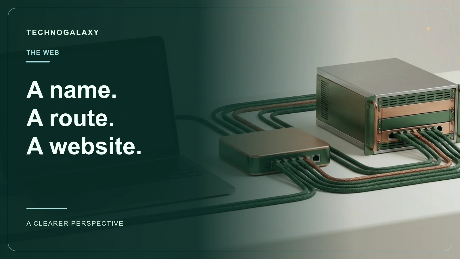 Graphic editorial cover: A name. A route. A website.. Laptop, router and server linked by network cables