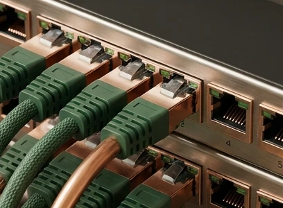 Close-up of Ethernet ports and cable connectors