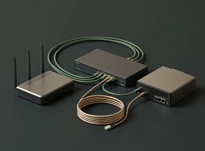 Router, switch and server connected on a tabletop