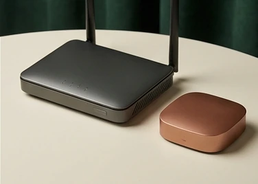 Router beside a compact smart-home hub