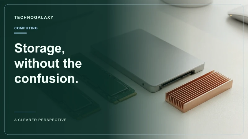 Graphic editorial cover: Storage,. without the. confusion.. M.2 storage drives beside a 2.5-inch SSD