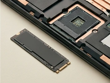 Storage drive beside an exposed laptop motherboard