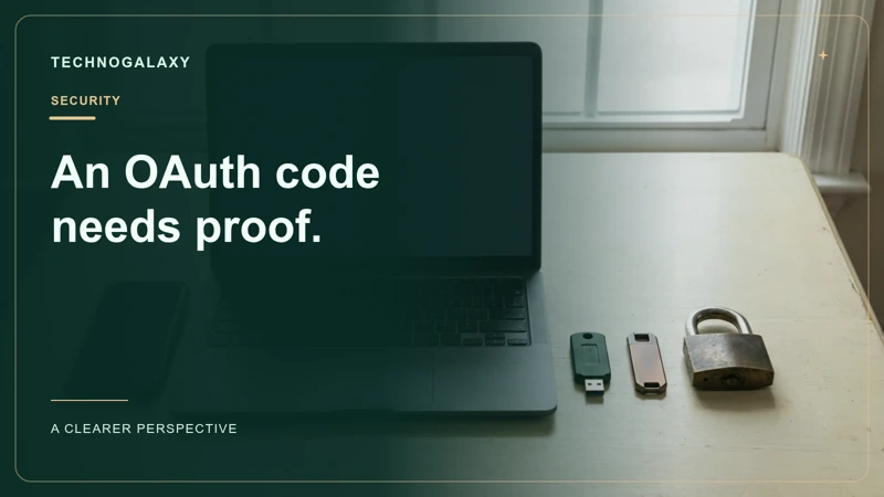 Graphic editorial cover: An OAuth code. needs proof.. Laptop, phone, padlock and security token