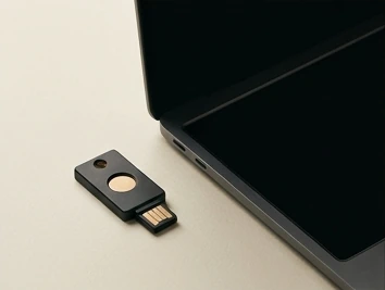 Hardware security token beside a laptop