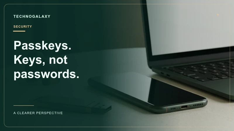Graphic editorial cover: Passkeys. Keys, not. passwords.. Laptop, phone and hardware security key