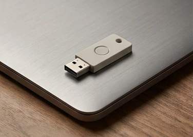 USB security token resting beside a laptop