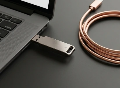 USB storage drive beside a laptop