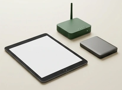Tablet, external drive and router