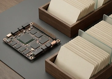 Processor board beside two trays of evidence cards