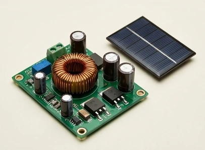DC-DC converter with copper coil beside a small panel