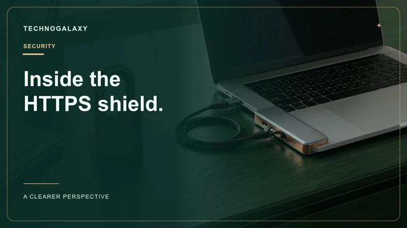 Graphic editorial cover: Inside the. HTTPS shield.. Laptop, network cable and closed metal padlock
