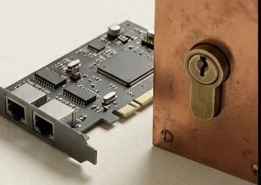 Network adapter beside a brass locking mechanism