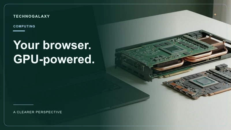 Graphic editorial cover: Your browser. GPU-powered.. Laptop beside a dedicated graphics card