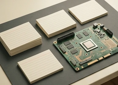 Blank index cards grouped beside a processor board