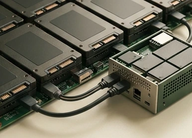 Storage cartridges connected to a compact compute device