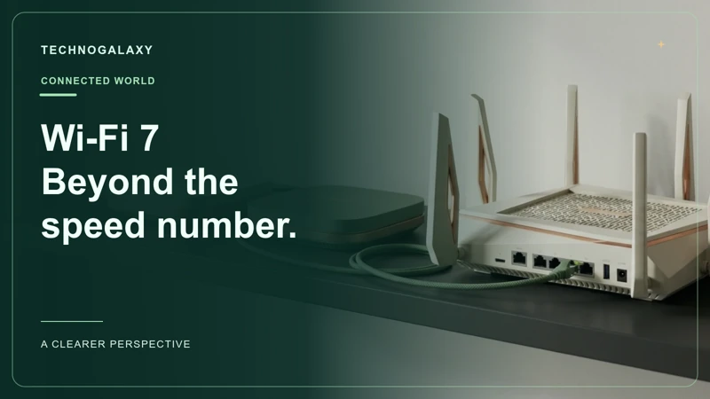 Graphic editorial cover: Wi-Fi 7. Beyond the. speed number.. Wireless router and access point on an empty shelf