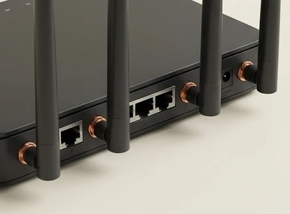 Wireless router antennas and network ports