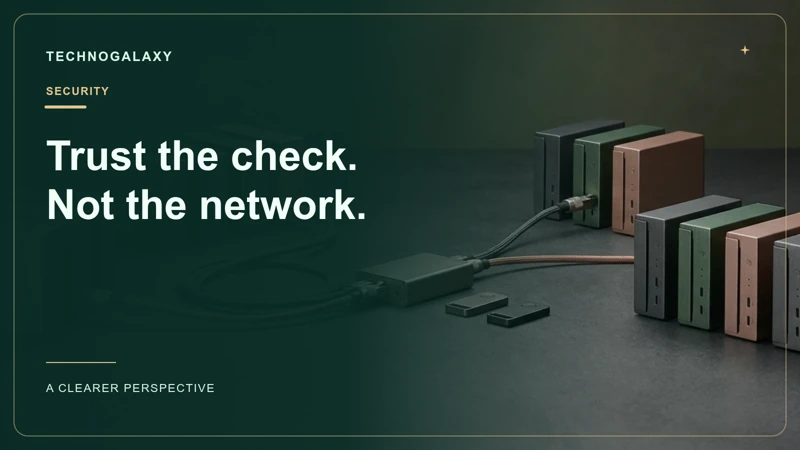 Graphic editorial cover: Trust the check. Not the network.. Separate server groups with an access gateway, security tokens and selective connections